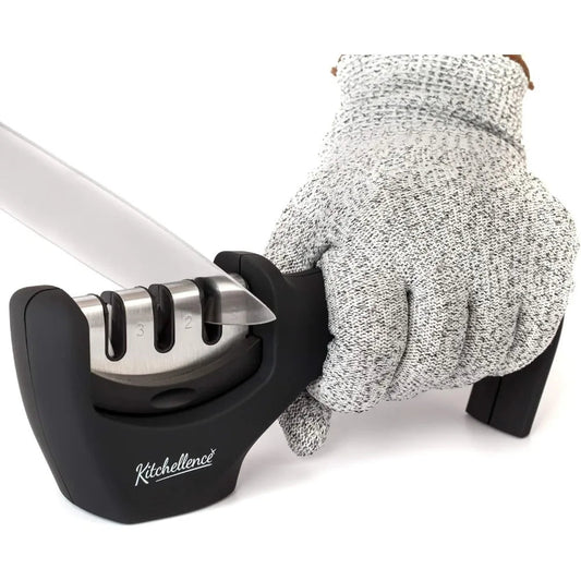 4-in-1 Kitchen Knife Accessories: 3-Stage Knife Sharpener Helps Repair, Restore, Polish Blades and Cut-Resistant Glove (Black)