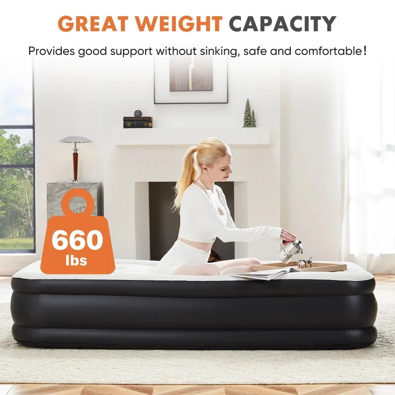 edx 18" Queen Size Air Mattress Bed with Built- in Pump Blow Up Mattresses for Camping, Indoor Colchon, Guests Air Bed