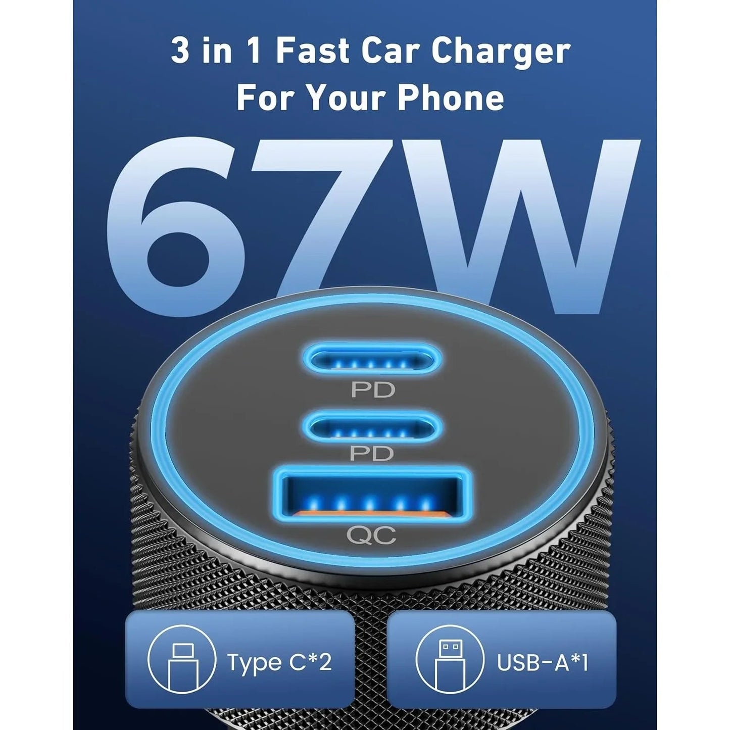 USB C Car Charger, 3-Port 67W Dual USB-C & USB-A Car Power Adapter PD/QC Fast Charging Cigarette Lighter