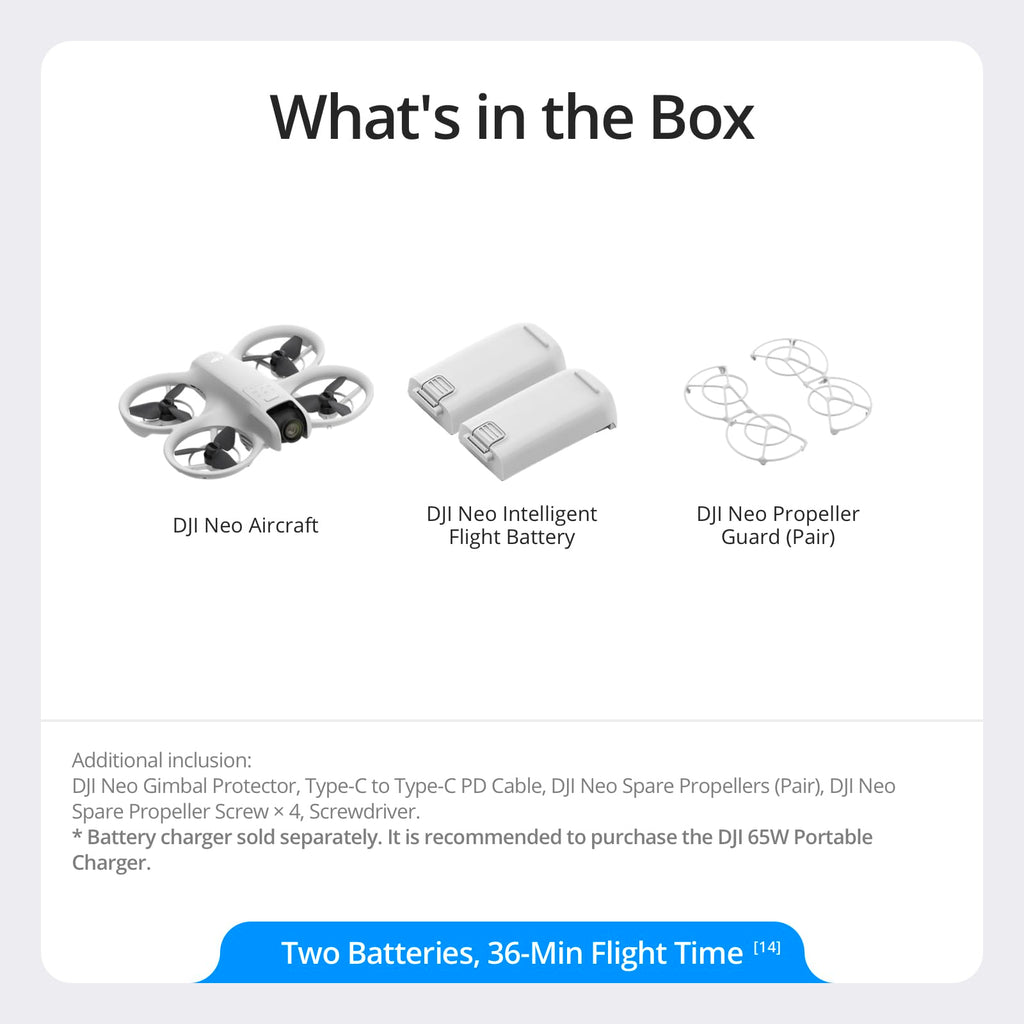 DJI Neo Two-Battery Combo, Mini Drone with 4K UHD Camera for Adults, 135g Follow Me Drone with Palm Takeoff, AI Subject Tracking, QuickShots, Stabilized Video, Propeller Guard (Controller-Free)