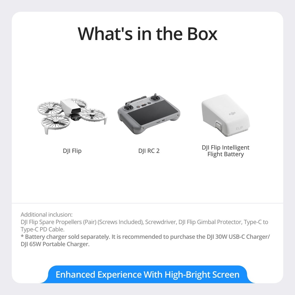 DJI Flip With RC 2 Screen Remote Controller, Follow Me Drone With 4K UHD Camera for Adults, Under 249 g, 3-Axis Gimbal Stabilization, 44000ft/13km Video Transmission, Palm Takeoff, 31-Min Flight Time