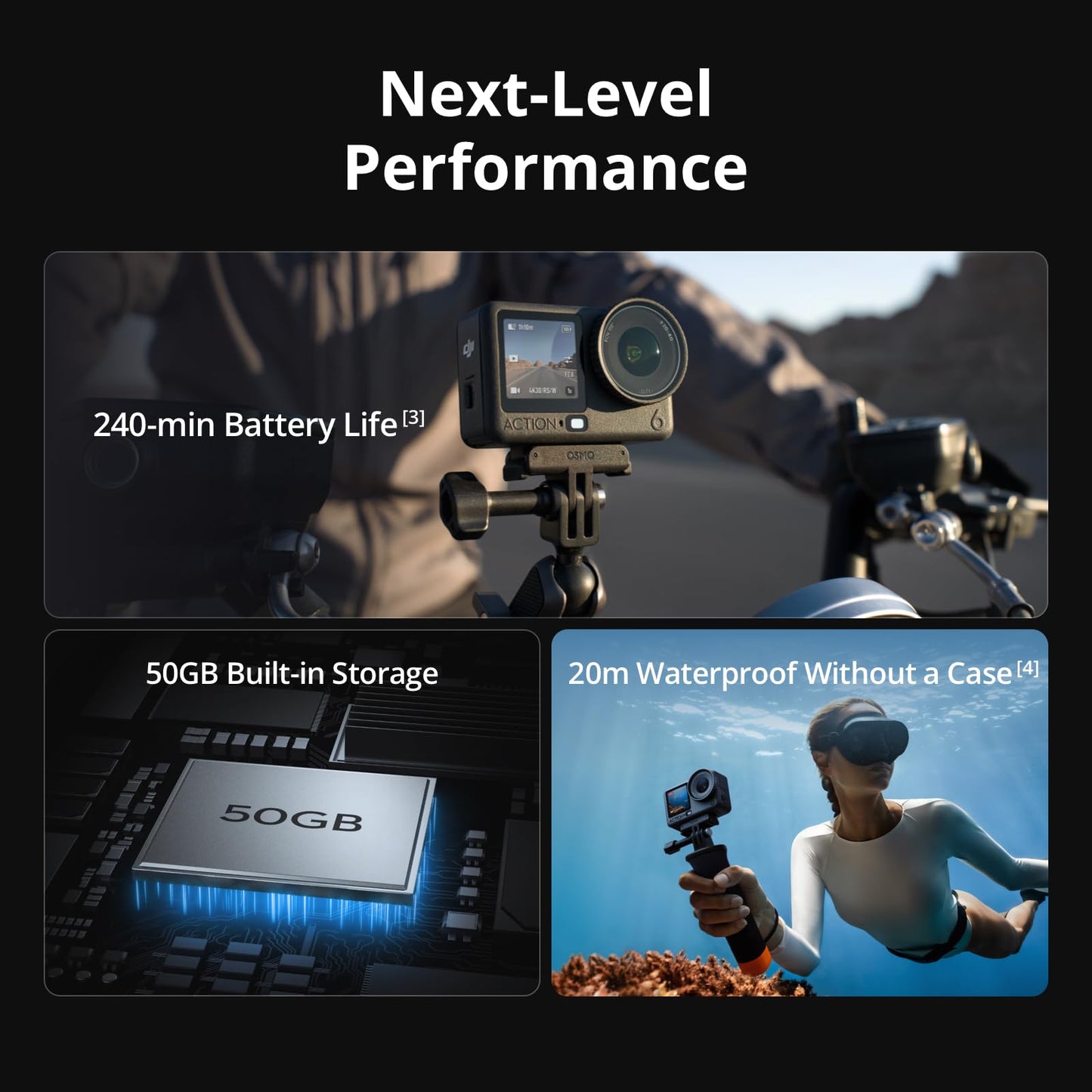 DJI Osmo Action 6 Enhanced Combo, 8K Waterproof Action Camera with 1/1.1" Square Sensor, Variable Aperture of f/2.0–f/4.0, Extended Battery Life with 2 Batteries, 1.5m Extension Rod, Battery Case