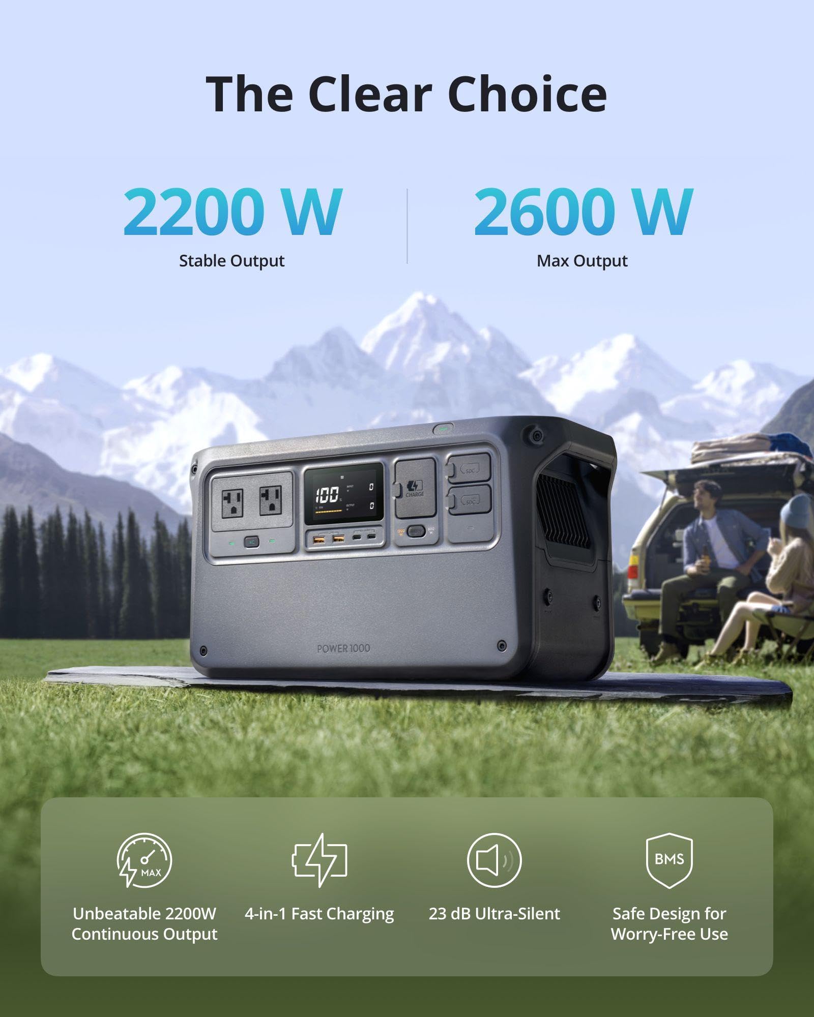 DJI Power 1000 Portable Power Station, 1024Wh LiFePO4 Battery, 2200W (Peak 2600W) AC/140W USB-C Output, 23db Ultra-Silent, Solar Generator For Home Backup, Camping (Solar Panel Optional)