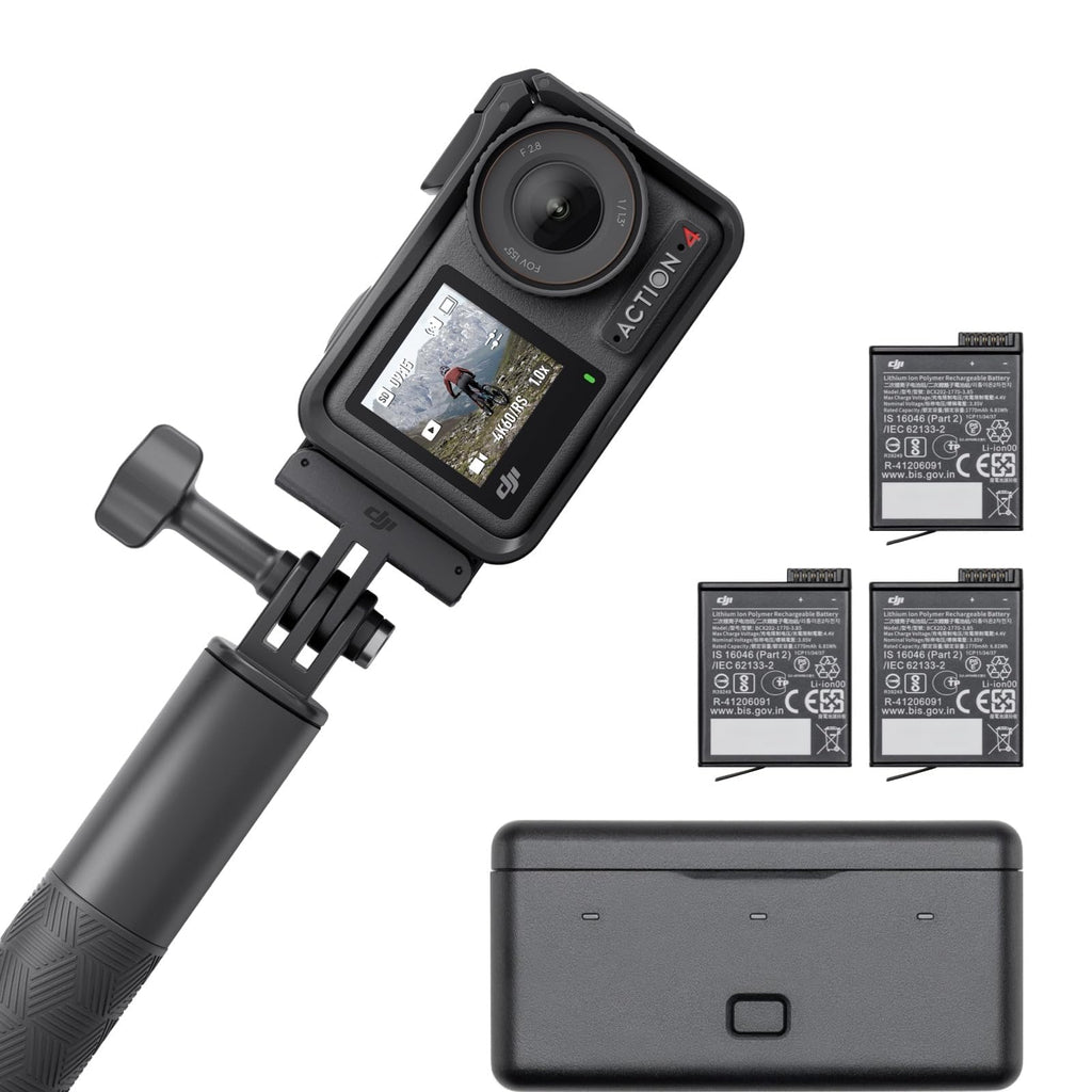 DJI Osmo Action 4 Adventure Combo, Waterproof Action Camera with 1/1.3" Sensor, 4K/120fps Video, Stunning Low-Light, 8h Extended Battery Life with 3 Batteries, 1.5m Extension Rod, Battery Case