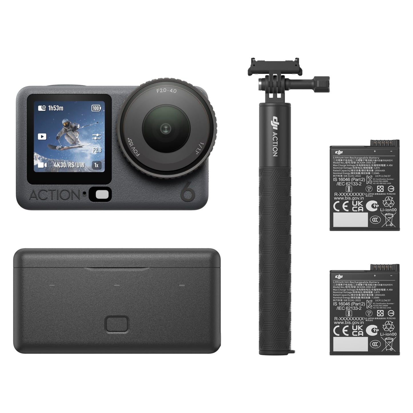 DJI Osmo Action 6 Enhanced Combo, 8K Waterproof Action Camera with 1/1.1" Square Sensor, Variable Aperture of f/2.0–f/4.0, Extended Battery Life with 2 Batteries, 1.5m Extension Rod, Battery Case