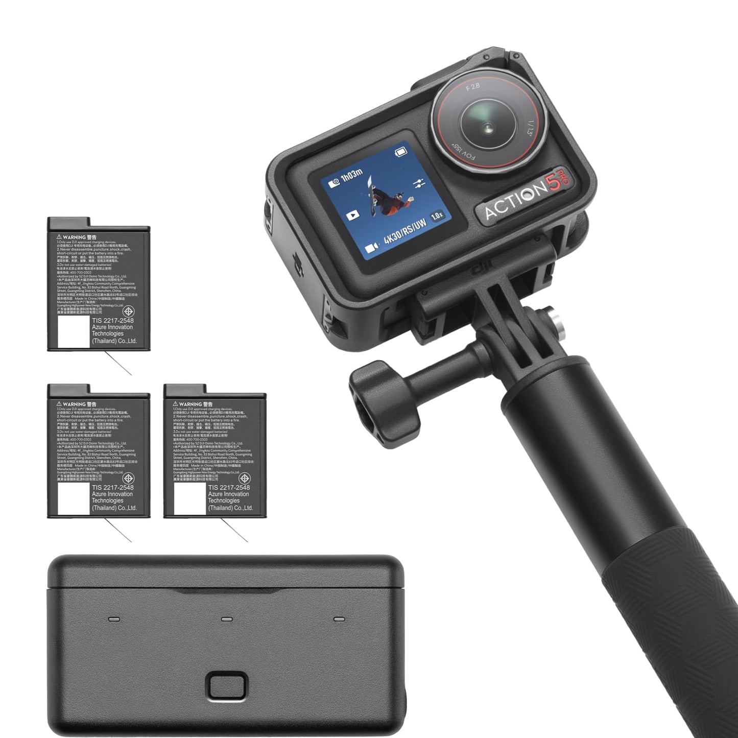 DJI Osmo Action 5 Pro Adventure Combo, Waterproof Action Camera with 1/1.3" Sensor, 4K/120fps Video, Subject Tracking, 12h Extended Battery Life with 3 Batteries, 1.5m Extension Rod, Battery Case