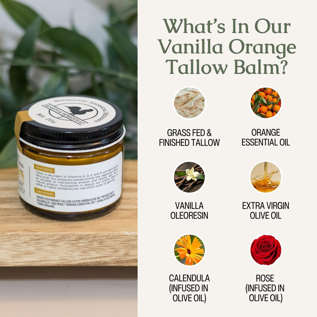 Hearth & Homestead Whipped Beef Tallow for Skin & Face - 100% Grass Fed, Eczema Cream & Body Butter, Organic Olive Oil, Calendula & Rose, Lotion & Hand Moisturizer for Dry Skin, Vanilla Orange, 1.3oz
