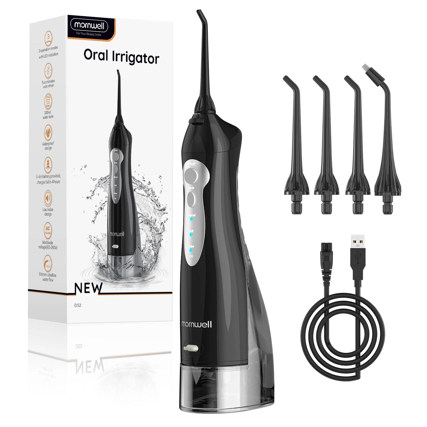 Oral Irrigator D52 Portable Dental Water Flosser USB Rechargeable Water Jet Floss Tooth Pick 4 Jet Tip 300ml 3 Modes Teeth Clean